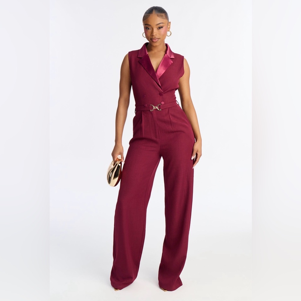 Collar Sleeveless Wide-Leg Jumpsuit with Satin Trim - Red burgundy